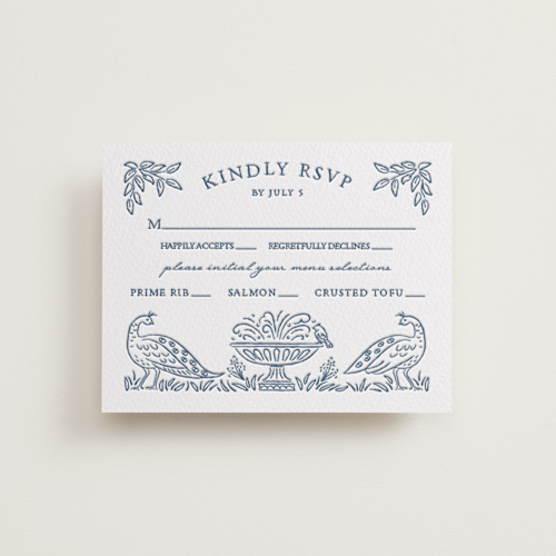 This is a blueberry rsvp cards with letterpress by Paper Sun Studio called whimsical woodland printing on white cotton in standard