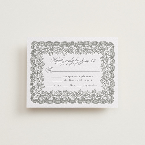 This is a gravel rsvp cards with letterpress by Katharine Watson called bridal veil printing on somerset500 in standard
