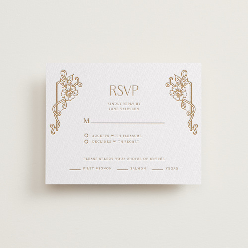 This is a faux gold rsvp cards with letterpress by Selima Akhter called nouveau peony printing on somerset500 in standard
