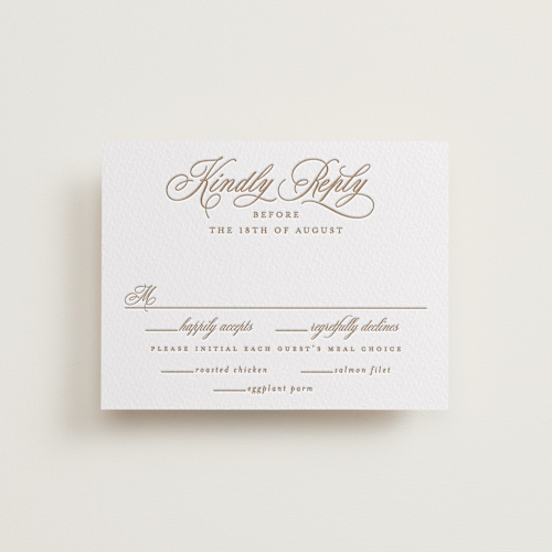 This is a matte gold rsvp cards with letterpress by Hooray Creative called vineyard script printing on somerset500 in standard