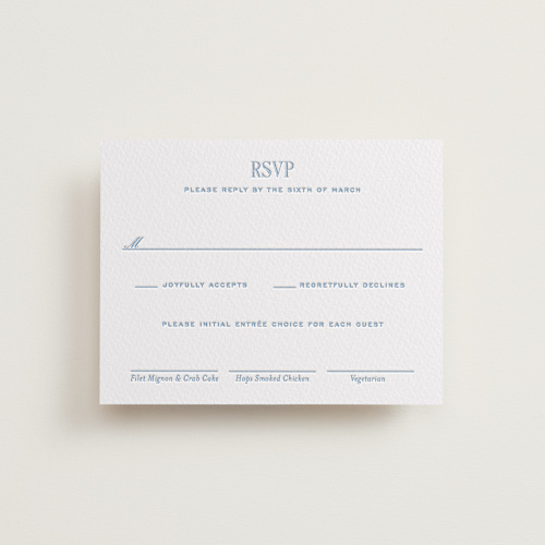 This is a sky blue rsvp cards with letterpress by Megan Davis called chesapeake printing on somerset500 in standard