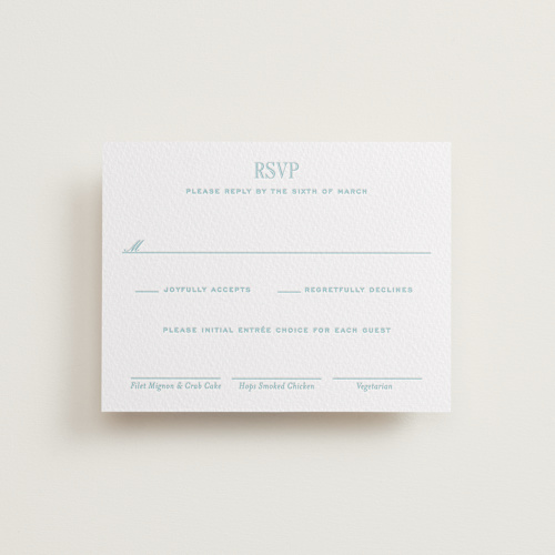 This is a vista rsvp cards with letterpress by Megan Davis called chesapeake printing on white cotton in standard