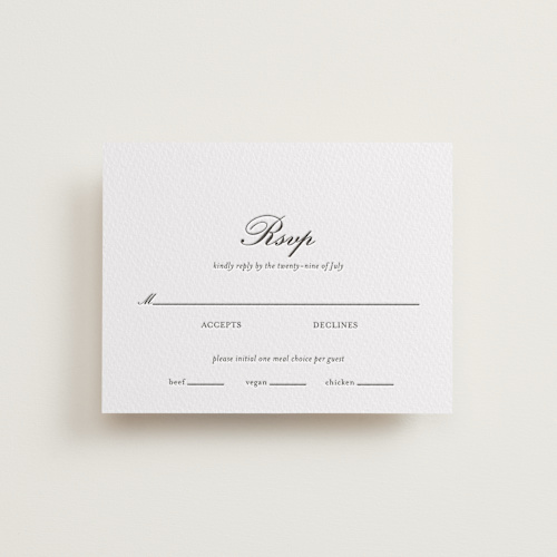 This is a soft black rsvp cards with letterpress by Ani Somi called finely printing on white cotton in standard