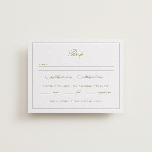 This is a chartreuse rsvp cards with letterpress by Ani Somi called calia printing on white cotton in standard