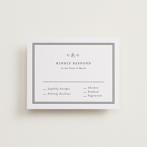 This is a soft black rsvp cards with letterpress by Carolyn MacLaren called timeless together printing on white cotton in standard