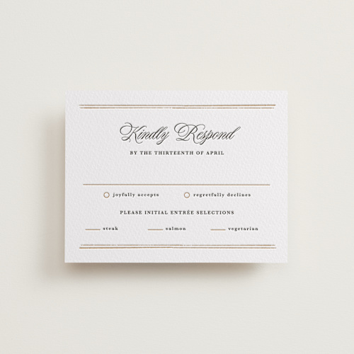 This is a saffron rsvp cards with letterpress by Kate Ahn called lake como printing on white cotton in standard