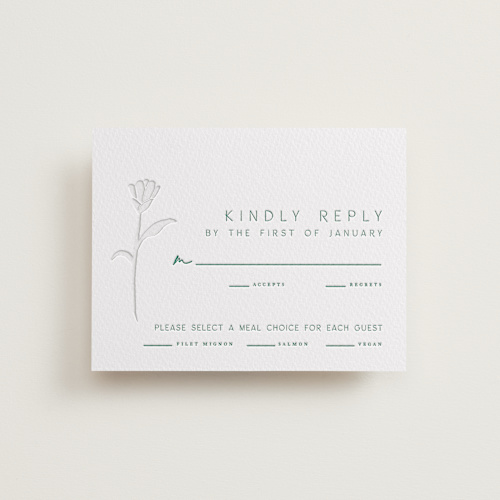 This is a evergreen rsvp cards with letterpress by Amy Kross called perennial printing on white cotton in standard