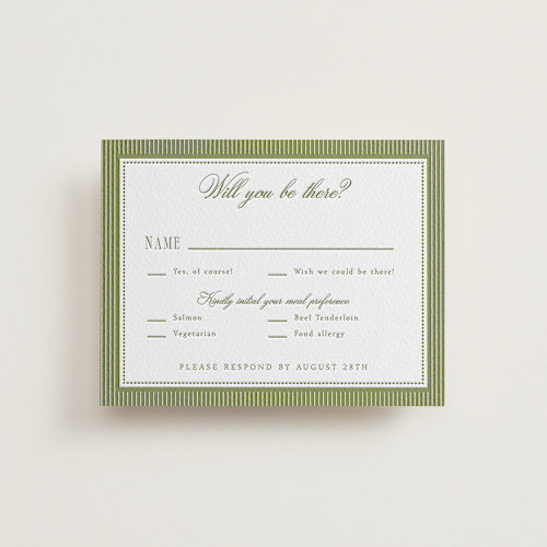 This is a olive rsvp cards with letterpress by Robert and Stella called darcy printing on white cotton in standard