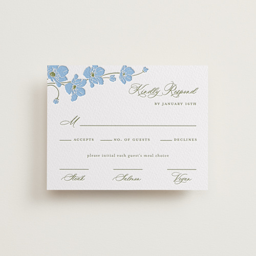 This is a sky blue rsvp cards with letterpress by letterfix called anemones printing on somerset500 in standard