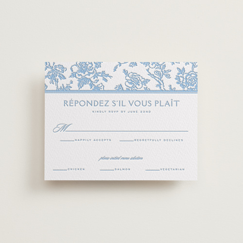 This is a sky blue rsvp cards with letterpress by Jenna Holcomb called classic toile printing on somerset500 in standard