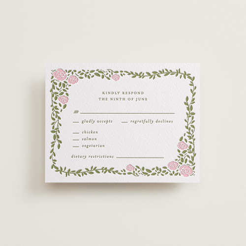 This is a olive rsvp cards with letterpress by Creo Study called vintage blooms printing on white cotton in standard