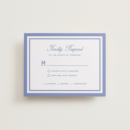 This is a bluebell rsvp cards with letterpress by Sara Hicks Malone called preston printing on white cotton in standard