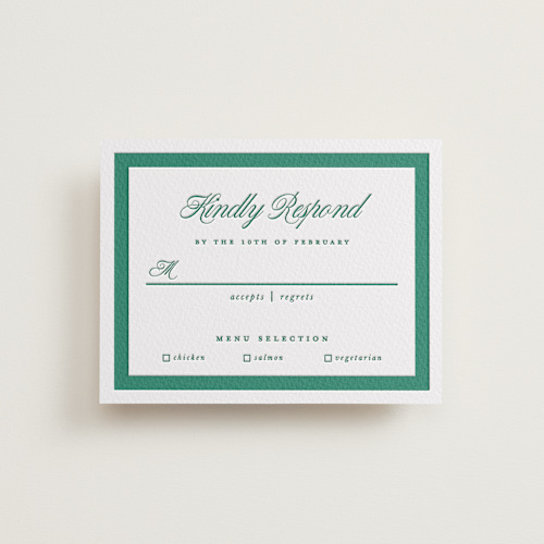 This is a evergreen rsvp cards with letterpress by Kelly Watkins called archer printing on white cotton in standard