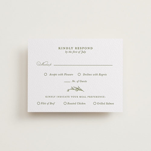 This is a olive rsvp cards with letterpress by Lucrecia Caporale called botanical crest printing on white cotton in standard