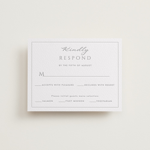 This is a granite rsvp cards with letterpress by MG Patternbox called vigneto printing on white cotton in standard