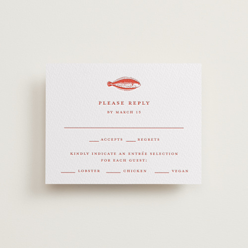 This is a neon orange rsvp cards with letterpress by Pippa Shaw called lobster printing on somerset500 in standard