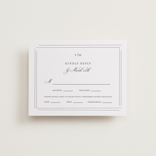 This is a smoke rsvp cards with letterpress by Jelena Vuletic called clarion printing on white cotton in standard