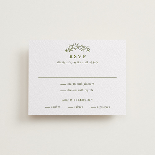 This is a artichoke rsvp cards with letterpress by Katherine Moynagh called garden script printing on white cotton in standard