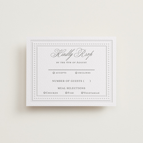 This is a soft black rsvp cards with letterpress by Oma N. Ramkhelawan called kamal printing on white cotton in standard