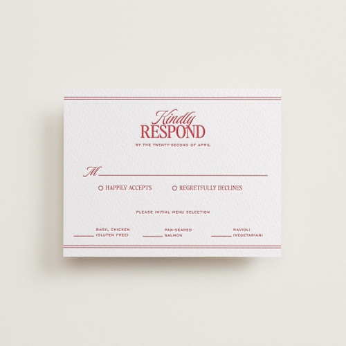 This is a maraschino rsvp cards with letterpress by Jenna Holcomb called vermilion printing on white cotton in standard