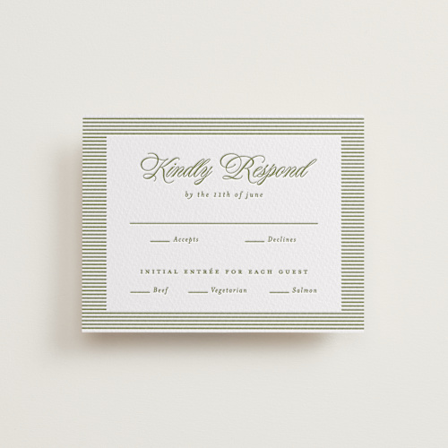 This is a pistachio rsvp cards with letterpress by Ellen Schlegelmilch called museo printing on somerset500 in standard