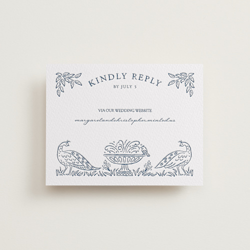 This is a indigo rsvp cards with letterpress by Paper Sun Studio called whimsical woodland printing on somerset500 in standard