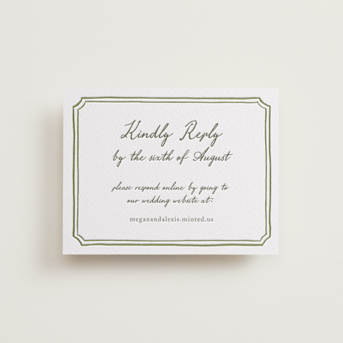 This is a moss rsvp cards with letterpress by Cass Loh called handwritten printing on somerset500 in standard