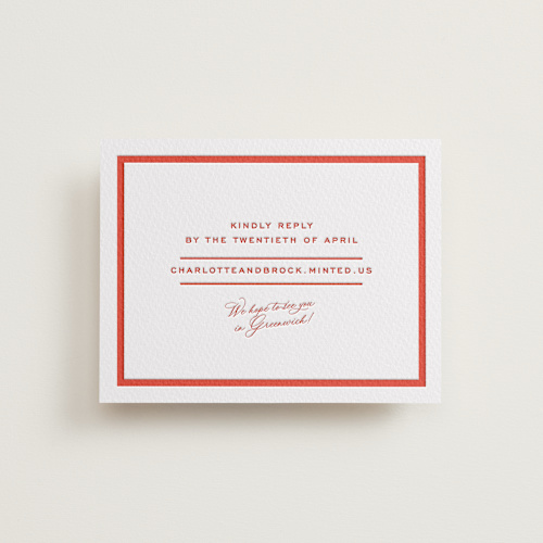 This is a verona sunset rsvp cards with letterpress by Megan Davis called racquet printing on somerset500 in standard