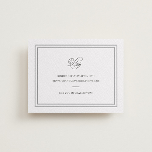 This is a graphite rsvp cards with letterpress by Megan Davis called bradford printing on white cotton in standard