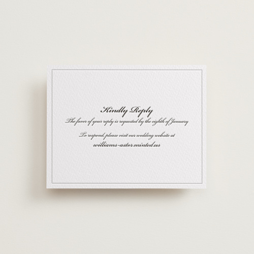 This is a soft black rsvp cards with letterpress by Clover and Lamb called astor elegance printing on white cotton in standard