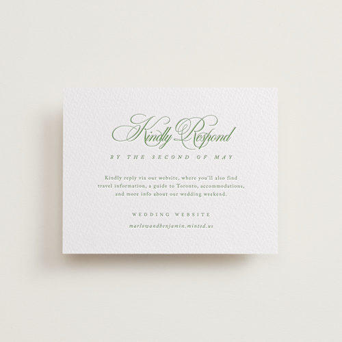 This is a evergreen rsvp cards with letterpress by Kelly Schmidt called chic script printing on white cotton in standard