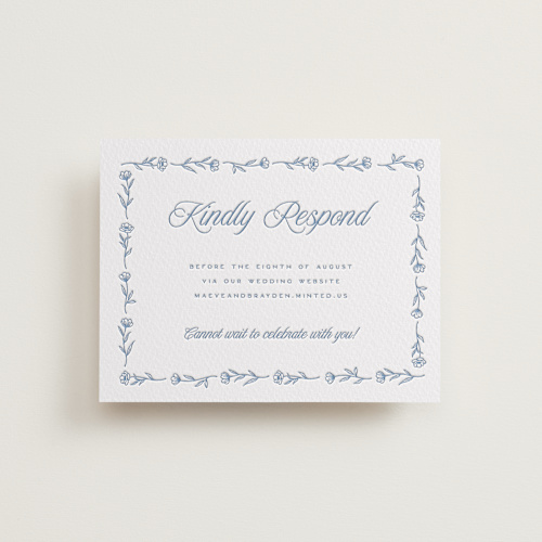 This is a provincial blue rsvp cards with letterpress by Hooray Creative called blue crest printing on somerset500 in standard