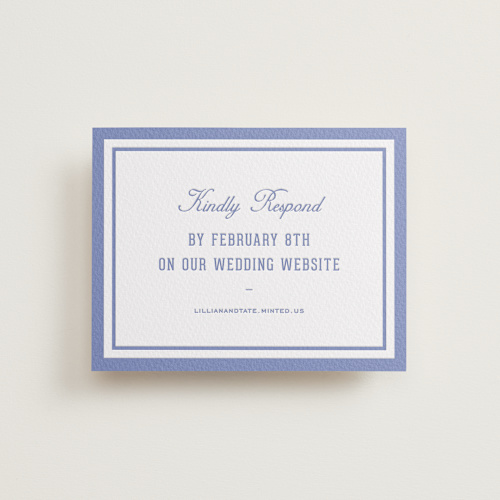 This is a bluebell rsvp cards with letterpress by Sara Hicks Malone called preston printing on white cotton in standard