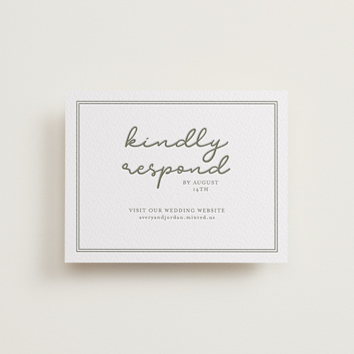 This is a moss rsvp cards with letterpress by Brittney Jensen called the verdure suite printing on somerset500 in standard