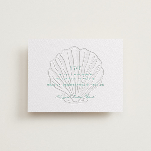 This is a seafoam rsvp cards with letterpress by Megan Davis called isle printing on somerset500 in standard