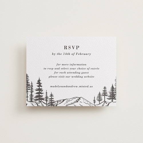 This is a soft black rsvp cards with letterpress by Winston Latchman called mountain pines printing on white cotton in standard