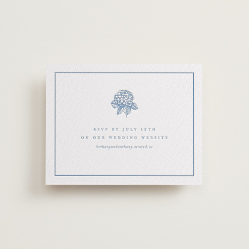 This is a sky blue rsvp cards with letterpress by Stacey Meacham called hydrangea bloom printing on somerset500 in standard