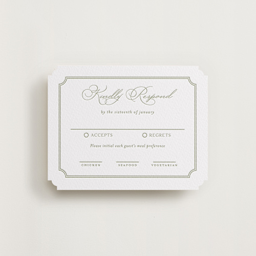 This is a olive rsvp cards with letterpress by Yaling Hou Suzuki called simply elegant printing on white cotton in standard
