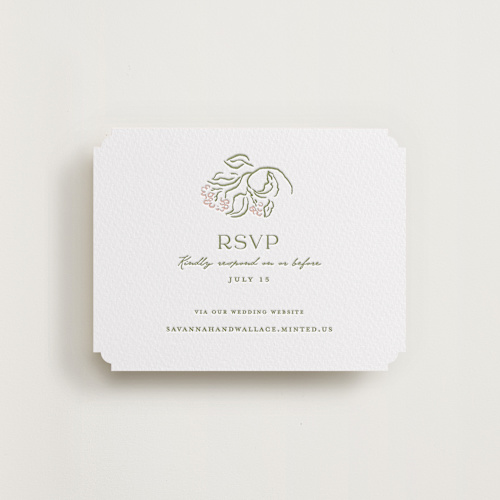 This is a peony rsvp cards with letterpress by Susan Zinader called sketched foliage printing on white cotton in standard