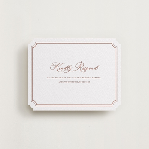 This is a cinnamon rsvp cards with letterpress by Jennifer Postorino called avery printing on white cotton in standard