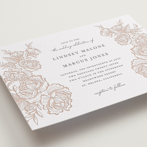 This is a latte | gravel letterpress wedding invitations with letterpress by Jennifer Postorino called in bloom printing on somerset500 in standard