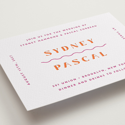 This is a fuchsia letterpress wedding invitations with letterpress by Olivia Raufman called tanti baci printing on somerset500 in standard