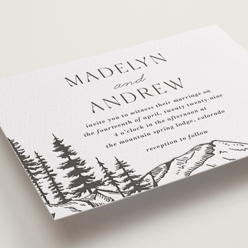 This is a soft black letterpress wedding invitations with letterpress by Winston Latchman called mountain pines printing on somerset500 in standard