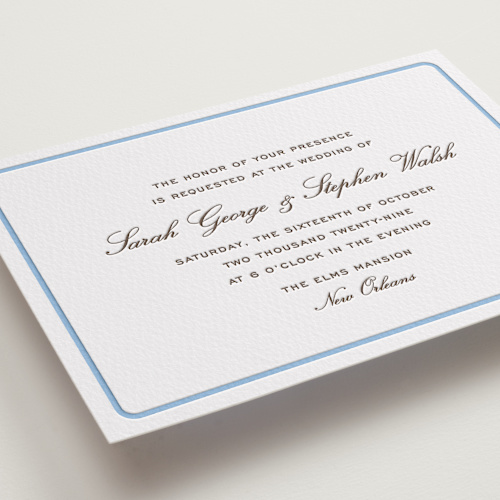 This is a sky blue letterpress wedding invitations with letterpress by Megan Davis called aperitif printing on somerset500 in standard