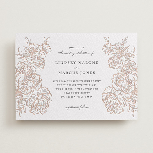 This is a latte | gravel letterpress wedding invitations with letterpress by Jennifer Postorino called in bloom printing on somerset500 in standard