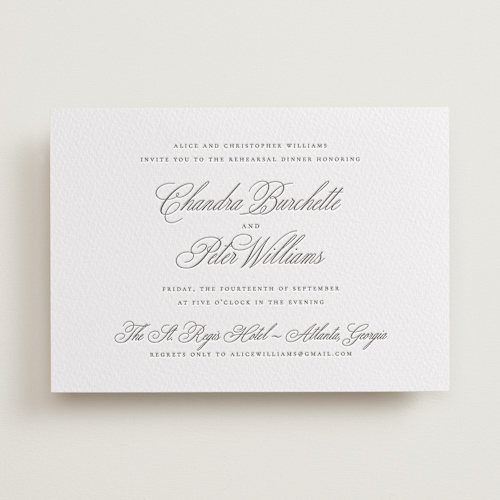This is a graphite rehearsal dinner invitations with letterpress by Wildfield Paper Co called calligraphie printing on somerset500 in standard