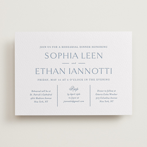 This is a provincial blue rehearsal dinner invitations with letterpress by Jennifer Postorino called sophisticate printing on somerset500 in standard