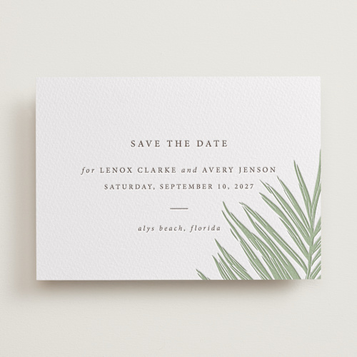 This is a mint save the date with letterpress by Melinda Denison called gilded palm printing on somerset500 in standard