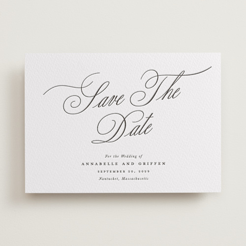 This is a soft black save the date with letterpress by Susan Zinader called romantic script printing on somerset500 in standard