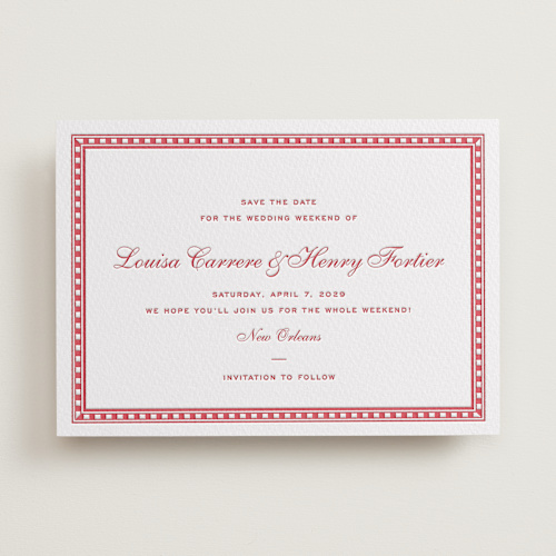 This is a maraschino save the date with letterpress by Megan Davis called larkin printing on white cotton in standard